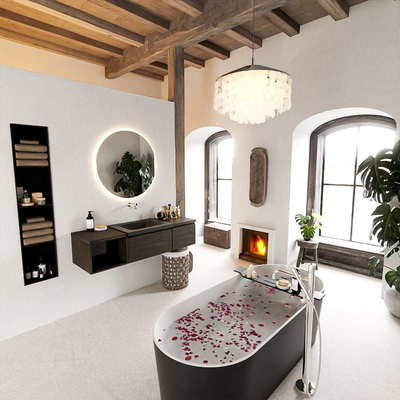 MONDIAZ BUKLA 140cm badmeubel met open module 40 links kleur Dark Brown met 2 lades. Wastafel CLOUD rechts 0 kraangaten kleur Urban.