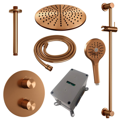 BRAUER Copper Carving thermostatische Inbouw Regendouche - 3-weg - rond - set 96 - 30cm hoofddouche - plafondarm - 3-standen handdouche - doucheslang - geïntegreerde glijstang - koper geborsteld PVD