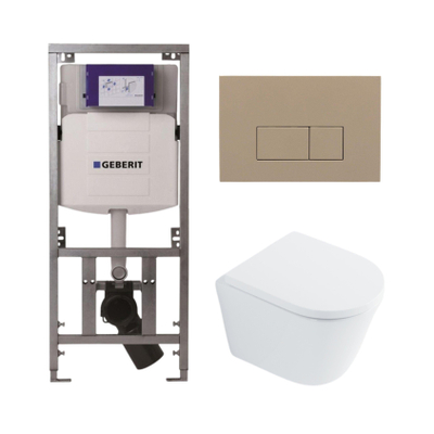 QeramiQ Dely Toiletset - 36.3x51.7cm - diepspoel - rimless - Geberit UP320 Burda inbouwreservoir - softclose toilet zitting 35 mm - bedieningsplaat taupe - rechthoekige knoppen - wit glans