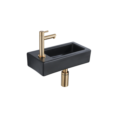 QeramiQ Fuente Fonteinset - 37.5x18.5x9cm - keramiek - kraangat links - fonteinkraan geborsteld messing - afvoerplug - verlaagd sifon - Mat Zwart