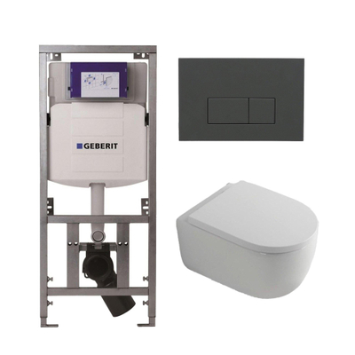 QeramiQ Dely Swirl Toiletset - 36.3x51.7cm - Geberit UP320 Burda inbouwreservoir - 35mm zitting - bedieningsplaat antraciet mat - rechthoekige knoppen - wit glans