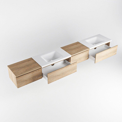 MONDIAZ BUKLA 280cm badmeubel met module 60 rechts kleur Washed Oak met 4 lades. Wastafel CLOUD dubbel 0 kraangaten kleur Talc.