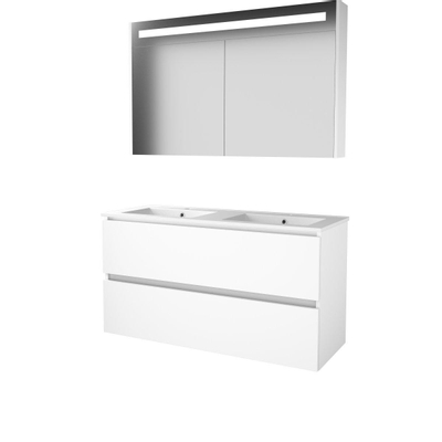 Basic-Line Premium 46 badkamermeubelset - 120x46cm - greeploos - 2 lades - porseleinen wastafel - 2 kraangaten - Spiegelkast - geintegreerde LED verlichting - MDF lak Ice White