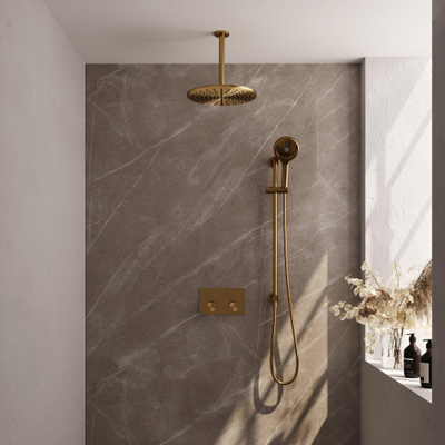 BRAUER Gold Carving Thermostatische Regendouche inbouw - drukknoppen - SET 72 - 30cm hoofddouche - plafondarm - 3 standen handdouche - doucheslang - geïntegreerde glijstang - goud geborsteld PVD