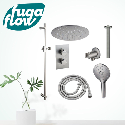 FugaFlow Eccelente Sobrado Badkamer Inbouw Regendoucheset - thermostatisch - plafondarm -glijstang - 25cm hoofddouche - handdouche rond - geborsteld RVS PVD