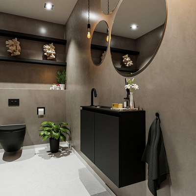 MONDIAZ TURE Fonteinset - 80x23x50cm - 1 kraangat - 2 deuren - urban mat - Wasbak links - Solid Surface Zwart