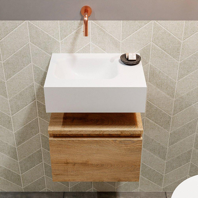 MONDIAZ ANDOR Toiletmeubel - 40x30x30cm - 0 kraangaten - 1 lades - washed oak mat - wasbak links - Solid surface - Wit
