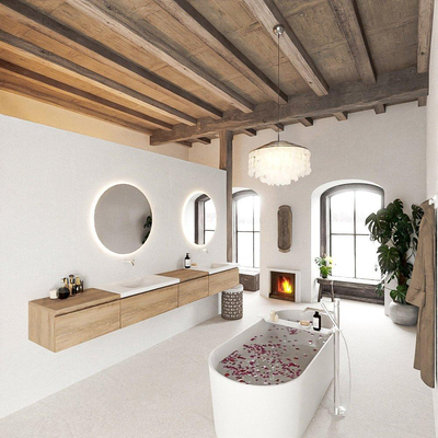 MONDIAZ BUKLA 280cm badmeubel met module 60 rechts kleur Washed Oak met 4 lades. Wastafel CLOUD dubbel 0 kraangaten kleur Talc.