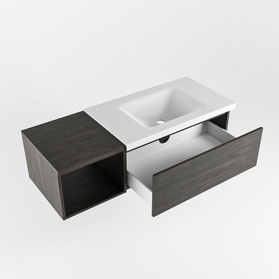 MONDIAZ BUKLA 120cm badmeubel met open module 40 kleur Dark Brown met 1 lade. Wastafel CLOUD rechts 1 kraangat kleur Talc.