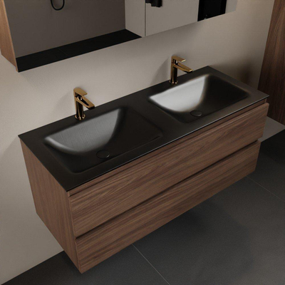 Mondiaz Aivy badmeubelset - 120x45x50cm - 2 kraangaten - 2 wasbakken urban Solid surface - Links en rechts - 2 lades - Met spiegelkast - Melamine Mocha