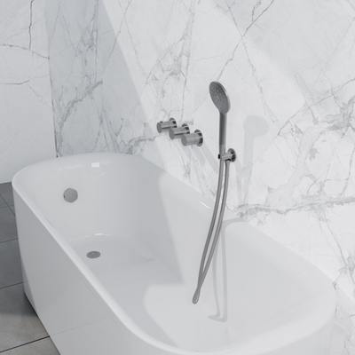 Fortifura Nebbio Badcombinatie-set - thermostaatkraan - inbouwdeel - inbouw uitbreiding - wandaansluitbocht - metalen doucheslang - ronde handdouche - badafvoer opbouw - geborsteld RVS PVD (RVS)