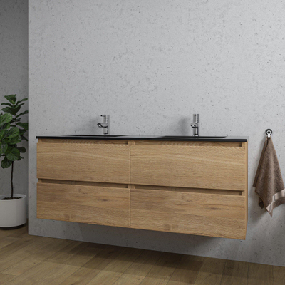 Adema Chaci Badkameronderkast - 140cm - 4 lades - greeploos - zwart keramieke wastafel - overloop - 2 wasbakken - 2 kraangaten - eiken