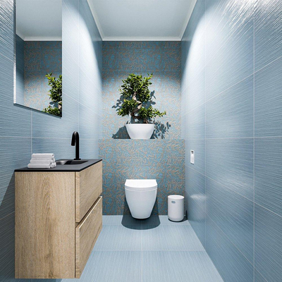 MONDIAZ ADA Toiletmeubel - 60x30x50cm - 1 kraangat - 2 lades - washed oak mat - wasbak rechts - Solid surface - Zwart