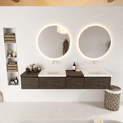 MONDIAZ BUKLA 200cm badmeubel met module 40 rechts kleur Dark Brown met 4 lades. Wastafel CLOUD dubbel 0 kraangaten kleur Talc.