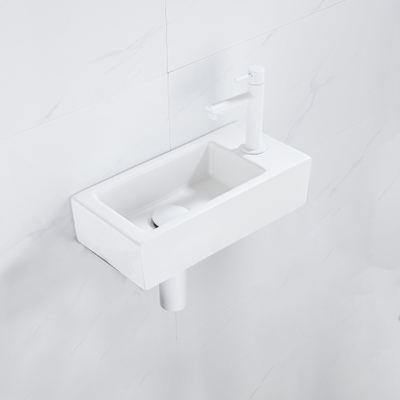 QeramiQ Fuente Fonteinset - 37.5x18.5x9cm - keramiek - kraangat rechts - fonteinkraan mat wit - afvoerplug - verlaagd sifon - Mat wit