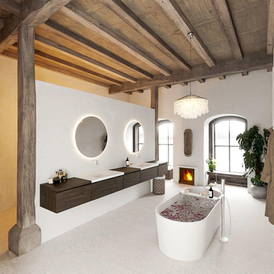 MONDIAZ BUKLA 340cm badmeubel met module 60 kleur Dark Brown met 5 lades. Wastafel CLOUD dubbel 0 kraangaten kleur Talc.