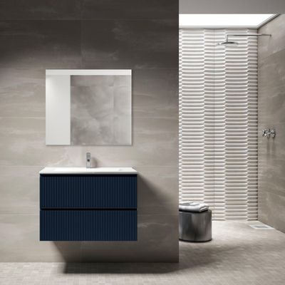 Adema Prime Blend Badkamermeubelset - 80x55x46cm - 1 ovale keramische wasbak wit - 1 kraangat - 2 lades - rechthoekige spiegel - mat marine blauw