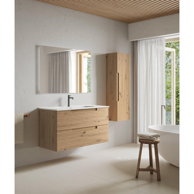 Adema Prime Balance Badkamermeubelset - 100x55x45cm - 1 ovale keramische wasbak wit - 1 kraangat - 2 lades - rechthoekige spiegel - rustiek eiken