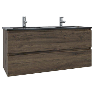 Adema Chaci Badkamermeubelset - 120x46x57cm - 2 keramische wasbakken zwart - 2 kraangaten - 2 lades - noten (hout)