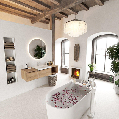 MONDIAZ BUKLA 140cm badmeubel met open module 40 rechts kleur Washed Oak met 2 lades. Wastafel CLOUD midden 1 kraangat kleur Talc.