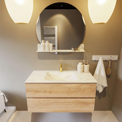 MONDIAZ VICA-DLUX Badkamermeubelset - 100cm - onderkast washed oak - 2 lades - inbouw wastafel cloud midden - 1 kraangat - 60cm hoge versie - opalo