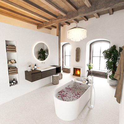 MONDIAZ BUKLA 160cm badmeubel met open module 40 rechts kleur Dark Brown met 2 lades. Wastafel CLOUD midden 0 kraangaten kleur Talc.