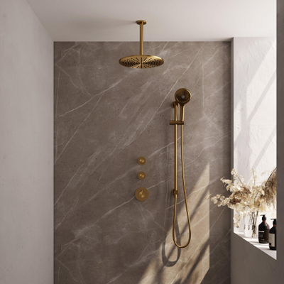Brauer Gold Edition Regendoucheset inbouw - hoofddouche 30cm - plafondarm 20cm - 3 gladde knoppen - handdouche rond 3 standen - PVD - geborsteld goud
