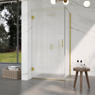 Fortifura Galeria Douchecabine - 90x80x200cm - scharnieren - deurgreep - stabilisatiestang - helder geribbeld - veiligheidsglas - Geborsteld messing PVD (Goud)