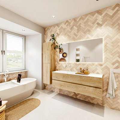 MONDIAZ VICA 150cm badmeubel onderkast Washed Oak 2 lades. Wastafel CLOUD links zonder kraangat, kleur Talc.