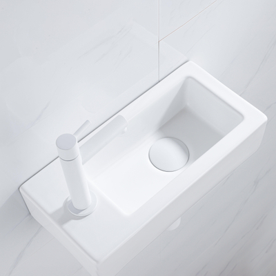 QeramiQ Fuente Fonteinset - 37.5x18.5x9cm - keramiek - kraangat links - fonteinkraan mat wit - afvoerplug - verlaagd sifon - Glans wit