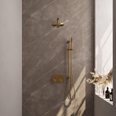 BRAUER Gold Carving Thermostatische Regendouche inbouw - drukknoppen - SET 61 - 20cm hoofddouche - rechte muurarm - staaf handdouche - doucheslang - geïntegreerde glijstang - goud geborsteld PVD