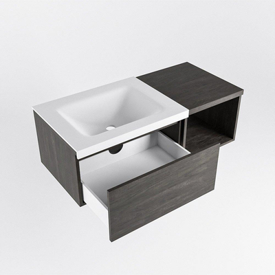 MONDIAZ BUKLA 100cm badmeubel met open module 40 kleur Dark Brown met 1 lade. Wastafel CLOUD links 1 kraangat kleur Talc.