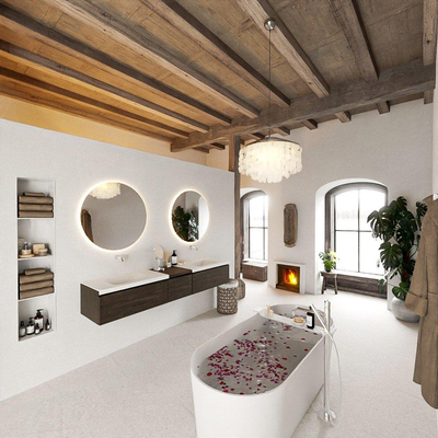 MONDIAZ BUKLA 200cm badmeubel met module 40 kleur Dark Brown met 3 lades. Wastafel CLOUD dubbel 0 kraangaten kleur Talc.