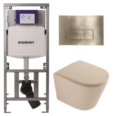 QeramiQ Dely Toiletset - 36.3x51.7cm - diepspoel - rimless - Geberit UP320 inbouwreservoir - softclose toilet zitting - geborsteld messing bedieningsplaat - rechthoekige knoppen - mat beige