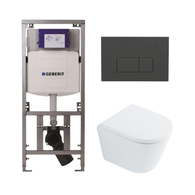 QeramiQ Dely Toiletset - 36.3x51.7cm - diepspoel - rimless - Geberit UP320 Burda inbouwreservoir - softclose toilet zitting 35 mm - bedieningsplaat antraciet mat - rechthoekige knoppen - wit glans