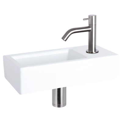 Differnz Ravo fonteinset - 38.5x18.5x9.5cm - Rechthoek - 1 kraangat - Gebogen matte chromen kraan - Keramiek Wit