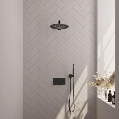 BRAUER Black Carving Thermostatische Regendouche inbouw - drukknoppen - SET 50 - 30cm hoofddouche - rechte muurarm - staaf handdouche - doucheslang - wandaansluitbocht - zwart mat