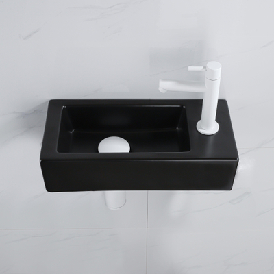 QeramiQ Fuente Fonteinset - 37.5x18.5x9cm - keramiek - kraangat rechts - fonteinkraan mat wit - afvoerplug - verlaagd sifon - Mat Zwart