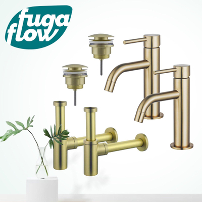 FugaFlow Eccelente Sobrado Badkamer Slim Wastafelkraanset - voor dubbele wastafel - lage wastafelkraan - klikwaste plug - design sifon - PVD Geborsteld Messing