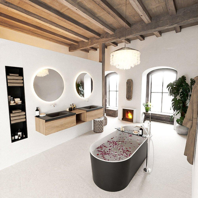 MONDIAZ BUKLA 200cm badmeubel met open module 40 kleur Washed Oak met 2 lades. Wastafel CLOUD dubbel 0 kraangaten kleur Urban.