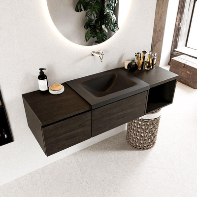 MONDIAZ BUKLA 140cm badmeubel met open module 40 rechts kleur Dark Brown met 2 lades. Wastafel CLOUD rechts 0 kraangaten kleur Urban.