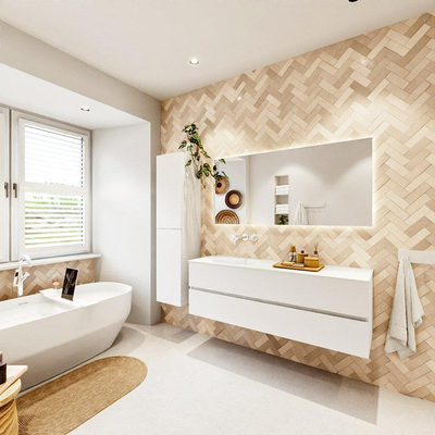 MONDIAZ VICA 150cm badmeubel onderkast Talc 2 lades. Wastafel MOON links zonder kraangat, kleur Talc.