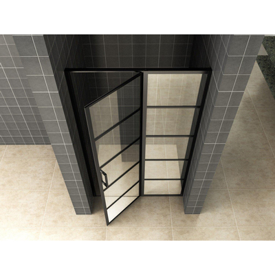 Wiesbaden Horizon nisdeur met vast deel en raster 1200 x 2000 x 8mm nano helder glas/mat zwart