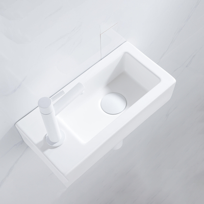 QeramiQ Fuente Fonteinset - 37.5x18.5x9cm - keramiek - kraangat links - fonteinkraan mat wit - afvoerplug - verlaagd sifon - Mat wit