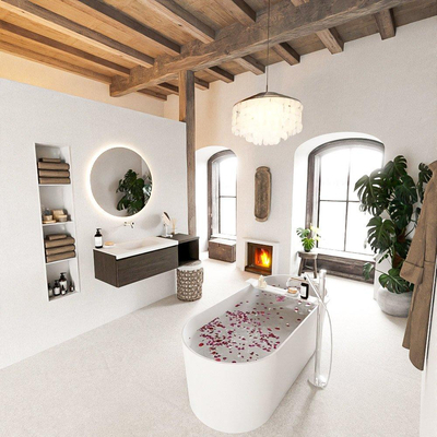 MONDIAZ BUKLA 120cm badmeubel met open module 40 kleur Dark Brown met 1 lade. Wastafel CLOUD links 0 kraangaten kleur Talc.