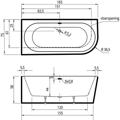 Xenz Charley XS Hoekbad - hoekopstelling rechts - 165x75cm - incl. bad/vul combinatie wit glans - bicolor wit/cement