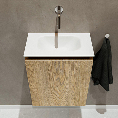 MONDIAZ TURE Fonteinset - 40x23x50cm - 0 kraangaten - 1 deur - washed oak mat - Wasbak midden - Solid Surface Wit