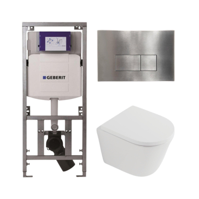 QeramiQ Dely Toiletset - 36.3x51.7cm - diepspoel - rimless - Geberit UP320 inbouwreservoir - softclose toilet zitting 35 mm - steel bedieningsplaat - rechthoekige knoppen - mat wit