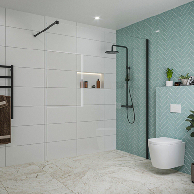 Fortifura Galeria inloopdouche - 180x200cm - helder glas - wandarm - mat zwart