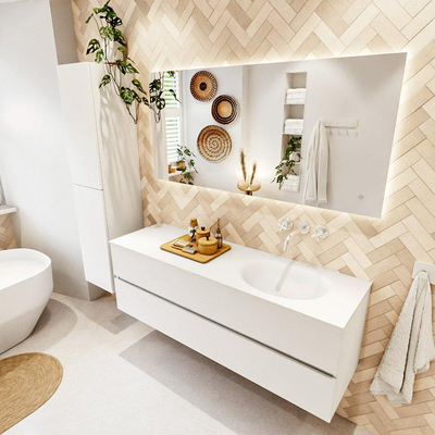 MONDIAZ VICA 150cm badmeubel onderkast Talc 2 lades. Wastafel MOON rechts zonder kraangat, kleur Talc.